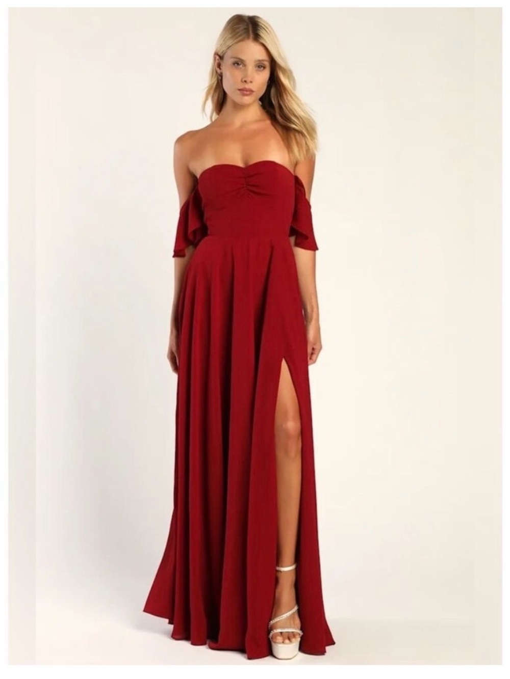 Lulu's Strapless Burgundy Maxi Dress with Front Slit